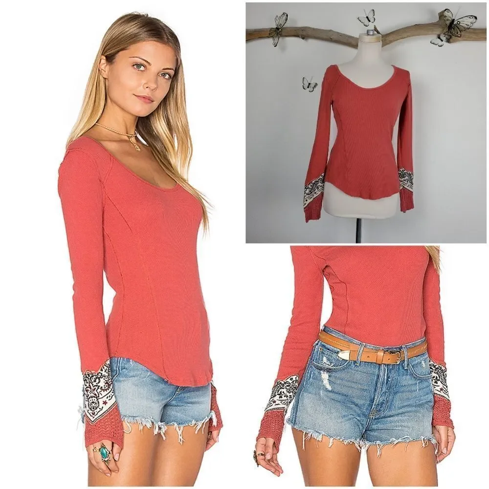 Free people red bandana cuffed henley